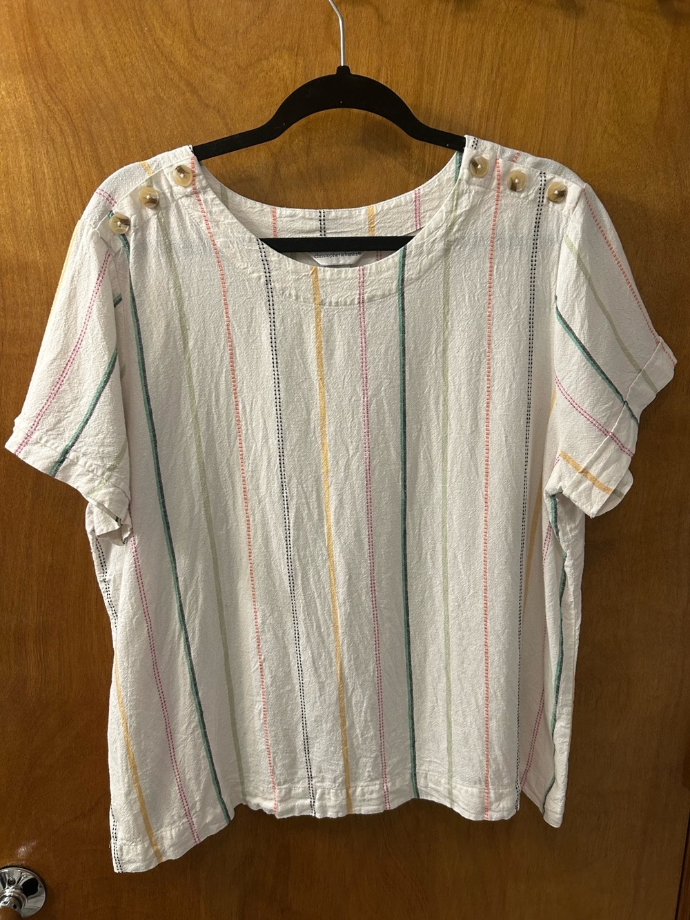 Christopher & Banks Linen White Short Sleeve Button-Shoulder Striped Top